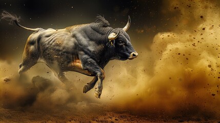 Charging white bull in motion surrounded by smoke. Dynamic studio action shot. Strength and power concept. Design for poster, wallpaper, banner.