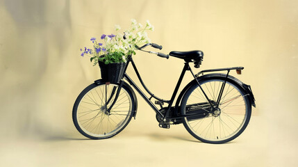 A vintage black bicycle with a few fresh wildflowers in the front basket, showcased on a soft light yellow canvas.