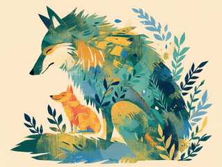 Artistic Illustration of a Wolf and a Fox in a Forest