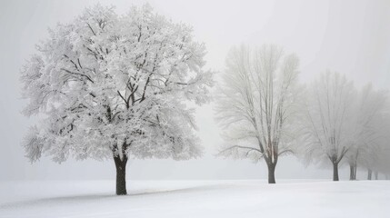 Fototapeta premium Snow covered trees on a foggy winter day