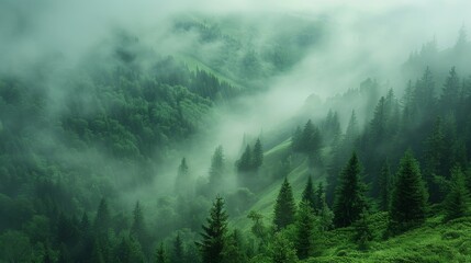 Misty mountain forest with lush greenery and dense pine trees. A serene and tranquil landscape.