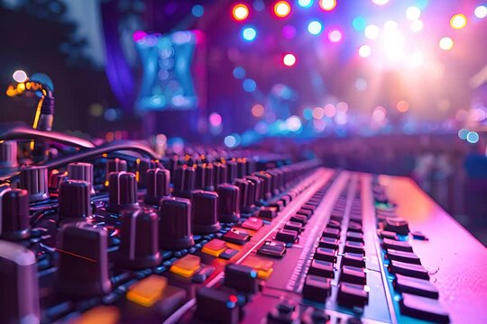 RL LINEAR WINDOWS in front of sound console, concert stage with lights, concert poster style, blurred background