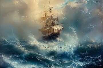 Landscape oil painting features battleship sail boat in the stormy sea ocean, moody vintage classic wall art, background, wallpaper 