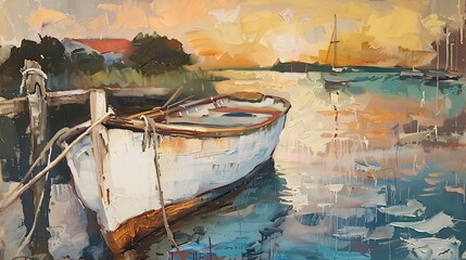 Landscape oil painting strong brush features battleship sail boat in the sea ocean, moody  vintage classic wall art, background, wallpaper 