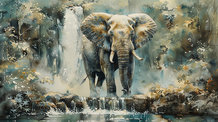 A painting of an elephant walking across a river