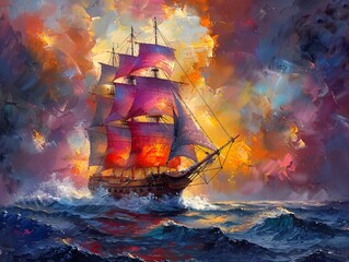 Landscape painting features battleship sail boat in the sea ocean, during sunset,  moody vintage classic wall art, background, wallpaper 
