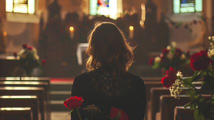 People and mourning concept. Woman with rose flowers and coffin at funeral in church ai generative