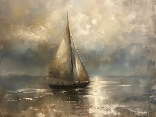 Landscape oil painting strong brush features battleship sail boat in the sea ocean, moody  vintage classic wall art, background, wallpaper 