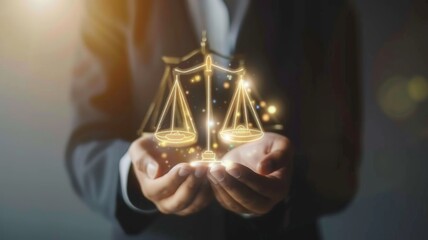 Lawyer Holding Glowing Digital Scales of Justice Symbolizing Modern Legal Technology and Innovation