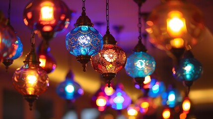 Fototapeta premium Beautiful and colorful traditional bright decorative hanging lamps and colourful lights with vivid colours