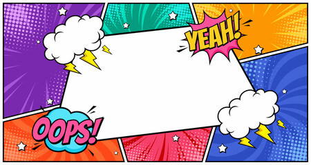Vector illustrated retro comic book background with big blank copy space, pop art vintage style backdrop on a colorful page.