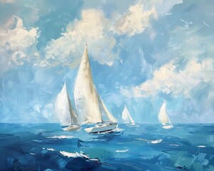 Landscape oil painting features battleship sail boat in the sea ocean, under blue sky,  vintage classic wall art, background, wallpaper 