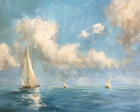 Landscape oil painting features battleship sail boat in the sea ocean, under blue sky,  vintage classic wall art, background, wallpaper 