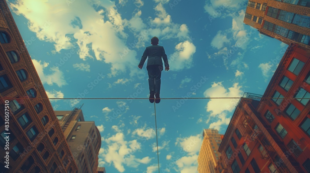 Poster The manager is carefully traversing the tightrope between two skyscrapers, low angle view. Generative AI.