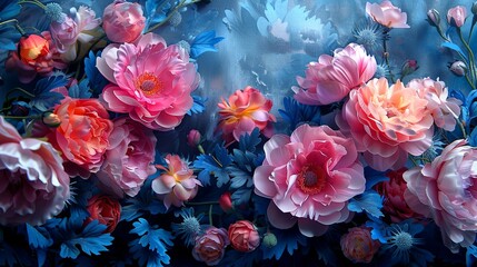 A captivating floral arrangement with pink and blue flowers, creating an enchanting and dreamy visual display perfect for decor. floral background. floral backdrop for photoshoot.