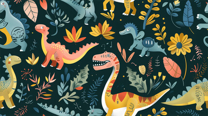 Seamless pattern with different types of dinosaurs with trees, floral and leaves, background useful for wallpaper, nursery, textile, wrapping paper