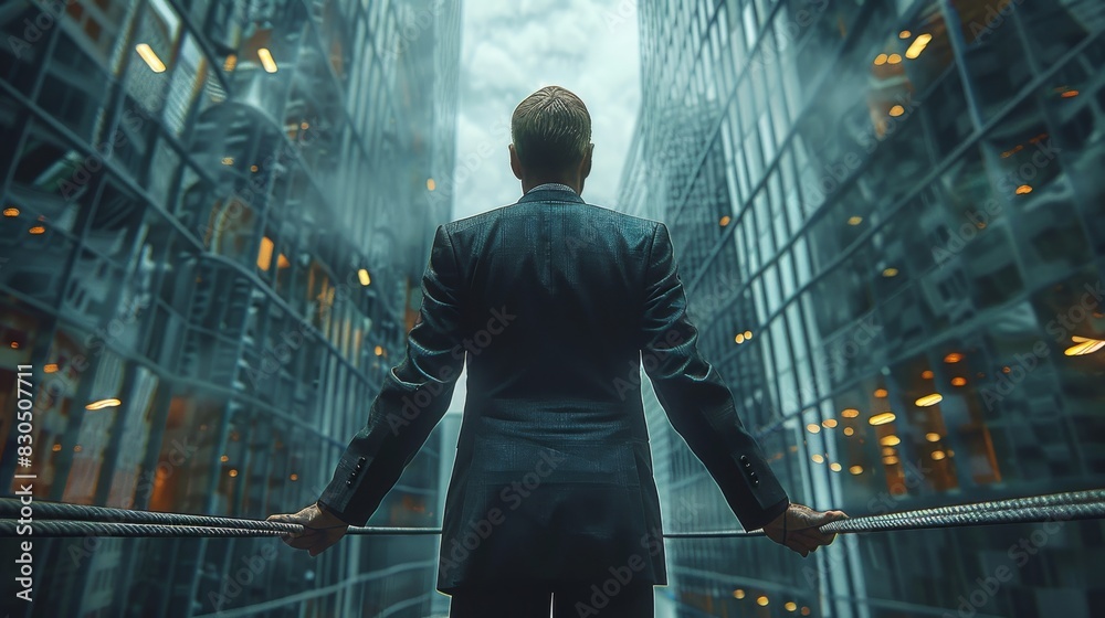 Poster The manager is carefully traversing the tightrope between two skyscrapers, low angle view. Generative AI.
