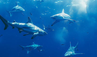 Naklejka premium Diverse Group of Sharks Swimming Underwater in Clear Blue Ocean, Daytime Marine Wildlife Scene, Perfect for Underwater Exploration, Nature Conservation, and Aquatic Life Enthusiasts