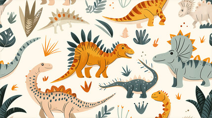 Seamless pattern with different types of dinosaurs with trees, floral and leaves, background useful for wallpaper, nursery, textile, wrapping paper