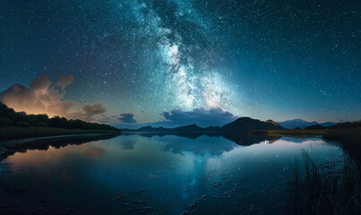 Night Sky with Cloudy Reflection on Water Under Milky Way Galaxy at Serene Lake, Peaceful and Tranquil Night Landscape, Starry Sky, Nature Concept