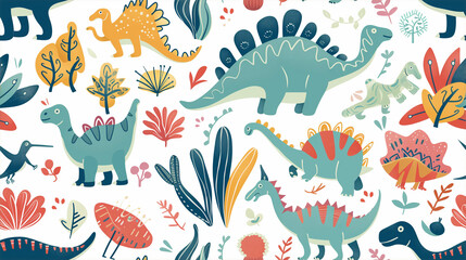 Seamless pattern with different types of dinosaurs with trees, floral and leaves, background useful for wallpaper, nursery, textile, wrapping paper