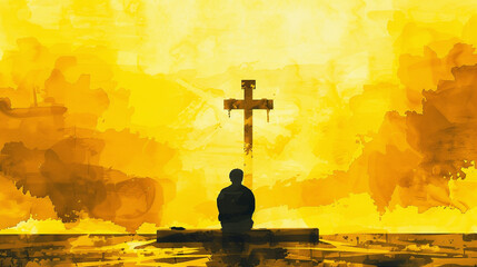 Christian man sitting directly in front of a cross with golden light and clouds all around. Watercolor illustration in golden yellow tones. Golden yellow represent generosity, hope, heaven, tithing