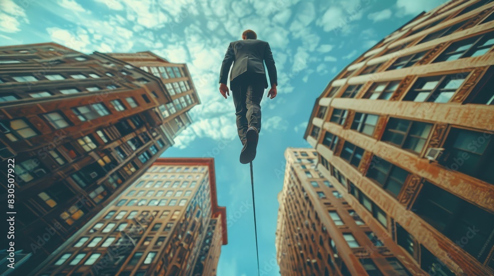 Poster The manager is carefully traversing the tightrope between two skyscrapers, low angle view. Generative AI.