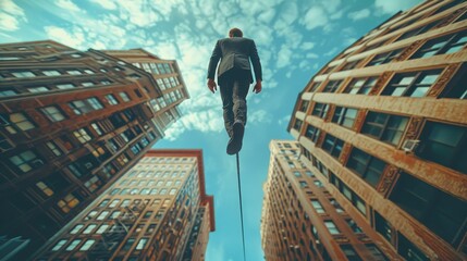 The manager is carefully traversing the tightrope between two skyscrapers, low angle view. Generative AI. - Powered by Adobe
