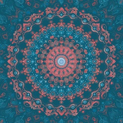 Beautiful Mandala Ornament Design in teal and dark blue with coral pink background