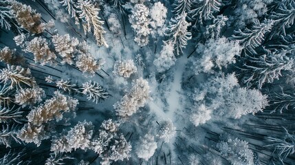 Fototapeta premium A winter scene shows a dense forest covered in snow, with a multitude of trees creating a picturesque landscape.