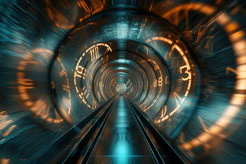 Hyperspace tunnel lined with clocks, capturing surreal visual experience of time travel traffic AI Generative