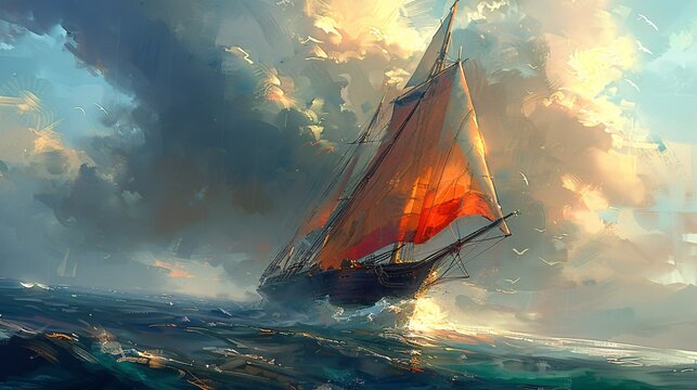 Landscape painting features battleship sail boat in the sea ocean, during sunset,  moody vintage classic wall art, background, wallpaper 