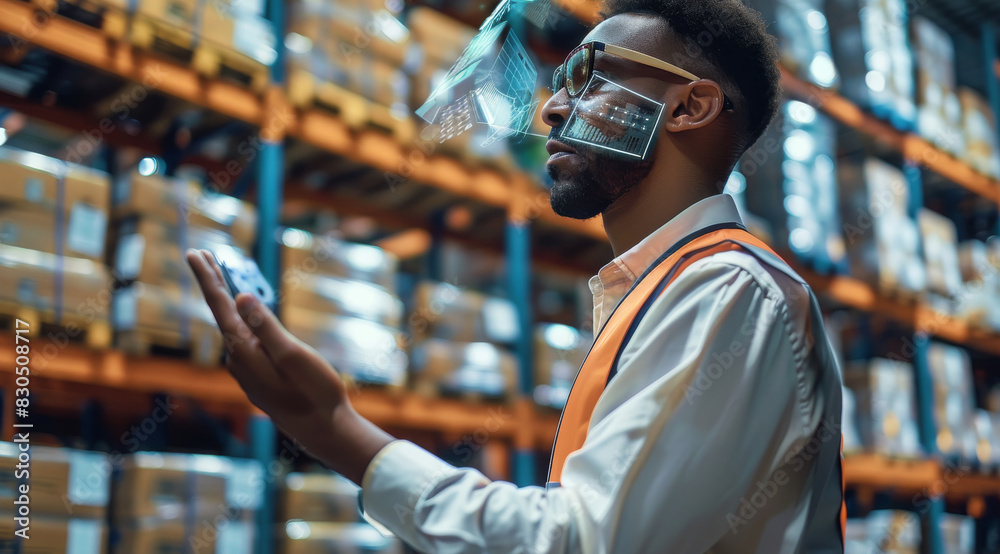 Poster A warehouse manager using a virtual digital management system through augmented reality technology in modern warehouse. Generative AI.