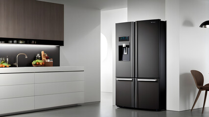 Modern refrigerator design, fancy refrigerator design, refrigerator design in the modern kitchen, ai generated