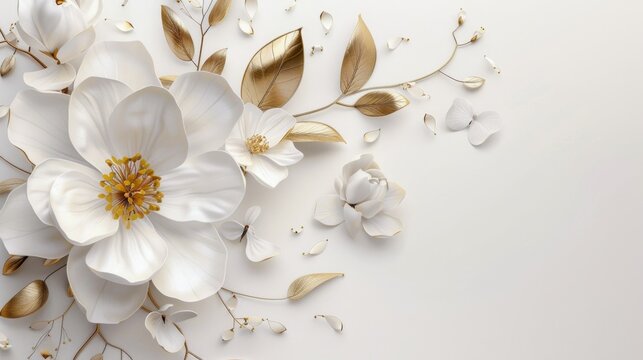 White flower, white pistil and golden leaves background