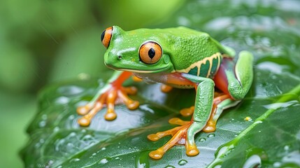 Fototapeta premium Pacific tree frog on green leaf 