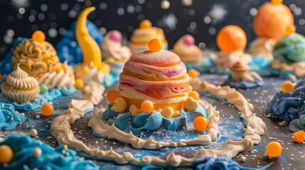 A whimsical dessert table featuring space-themed treats like planet-shaped cakes and cupcakes, decorated with colorful icing and sprinkles.