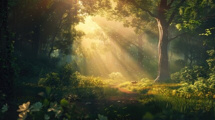 Sunlight filtering through the forest in the spring