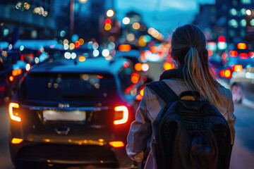 Obraz premium Young professionals queue for ride-sharing pickup, vibrant city lights, eco-friendly transportation alternatives.