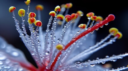  A close-up view of a flower with dewdrops on its stamens