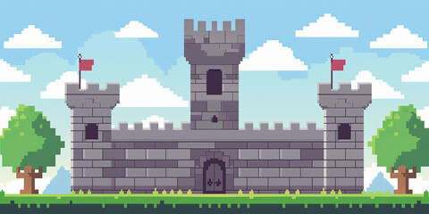 Castle background, video game style illustration castles towers 8-bit, vintage computer graphics, generated ai	