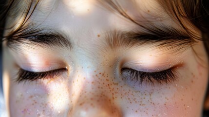  A tight shot of a child's eyes, their irises brown with flecks of white scatterings on the surrounding skin The upper part of her face, below her eyes, displays similar