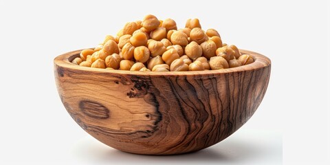 Cooked chickpeas in a wooden bowl on a white background, ideal for food concepts