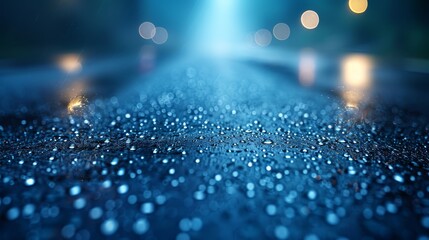 rain-soaked asphalt, street lights casting orange glows, and raindrops on the road, reflecting lights from opposite side
