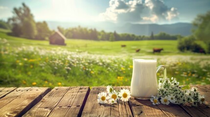 A serene rural scene with a cow next to a fresh glass of milk on a wooden table overlooking a landscape