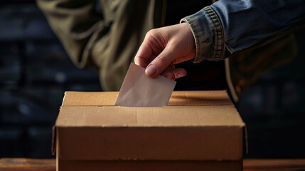 A hand places a signed card into a cardboard ballot box on a dark background