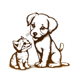 Cute puppy and kitten. favorite pet. flat vector illustration on white background