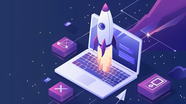 Rocket launch and laptop illustrating SEO technology and rapid digital growth