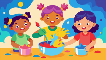 Little hands carefully mixing paints to create a vibrant masterpiece.. Vector illustration