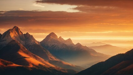 Sunset over mountain range warm hues and majestic contours